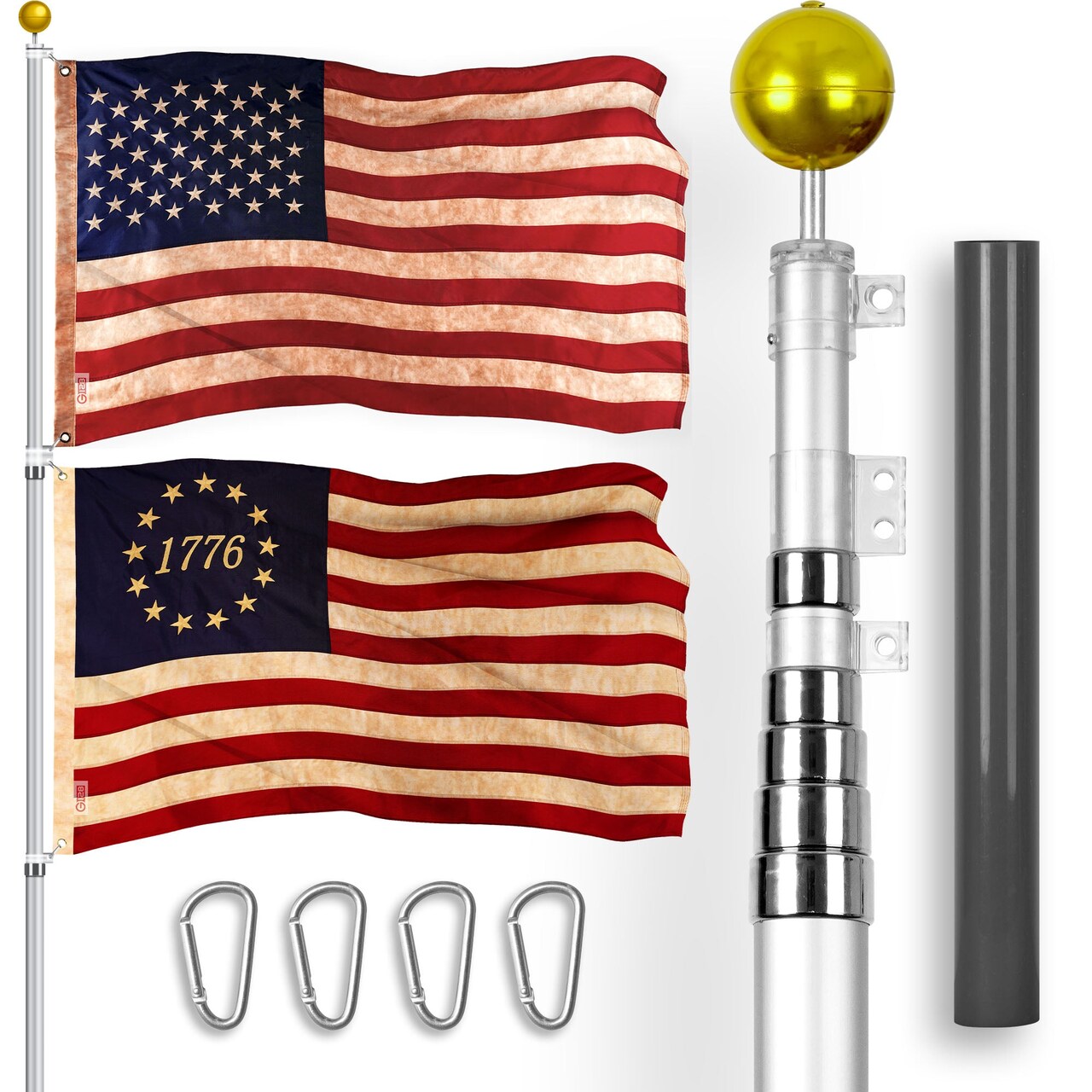 G128 Combo Pack: 25 Ft Telescoping Aluminum Flagpole (Silver) & American and Betsy Ross 1776 Tea Stained Flags 3x5 Ft, Both ToughWeave Series Embroidered Polyester | Pole with Flags Included
